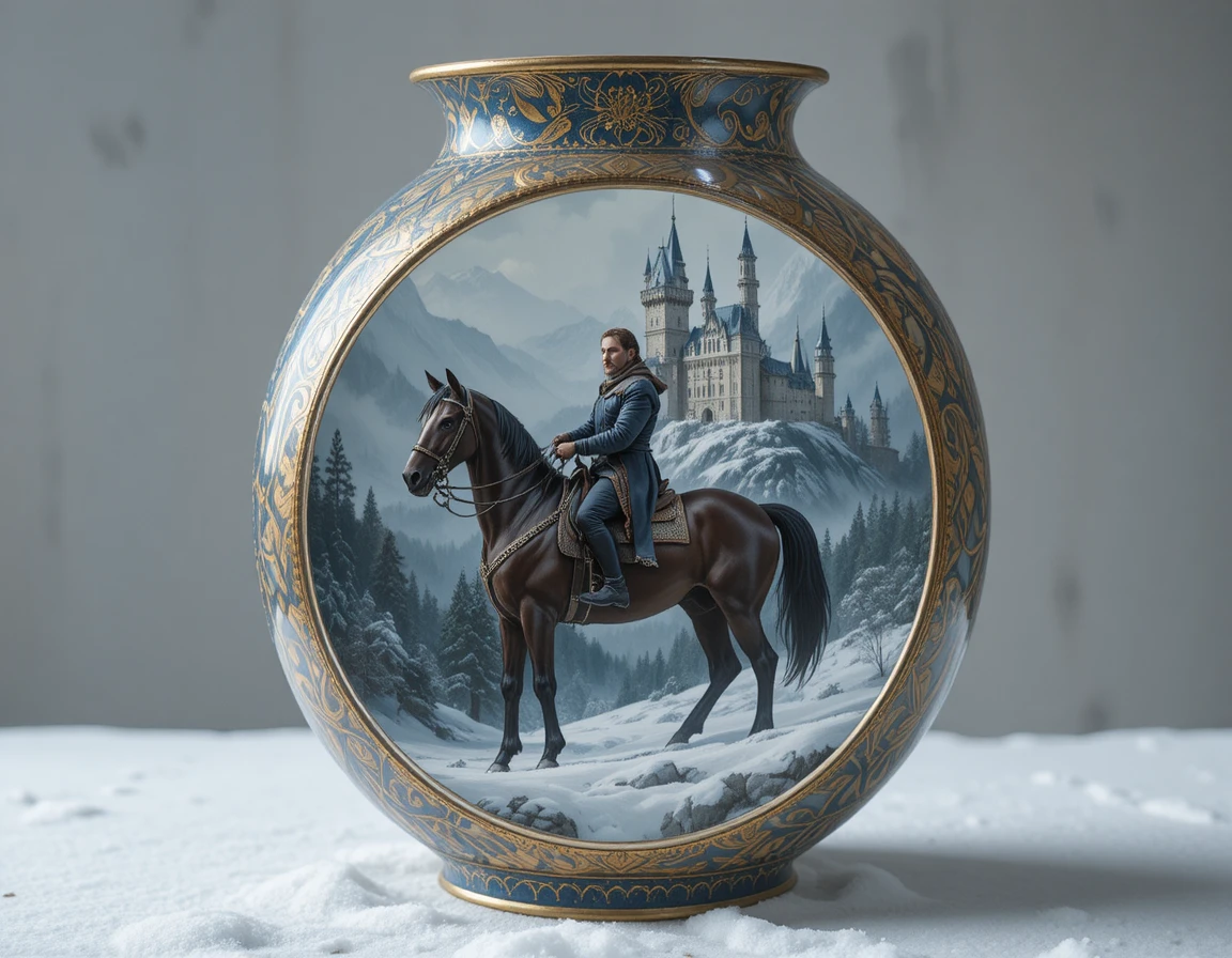 Jarrón de porcelana elaborado que enmarca una escena de cuento de hadas nevado