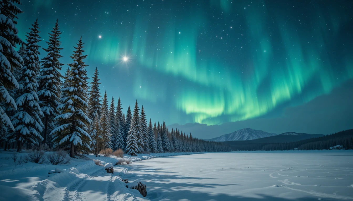 Lago ghiacciato con pini innevati sotto le stelle e l’aurora