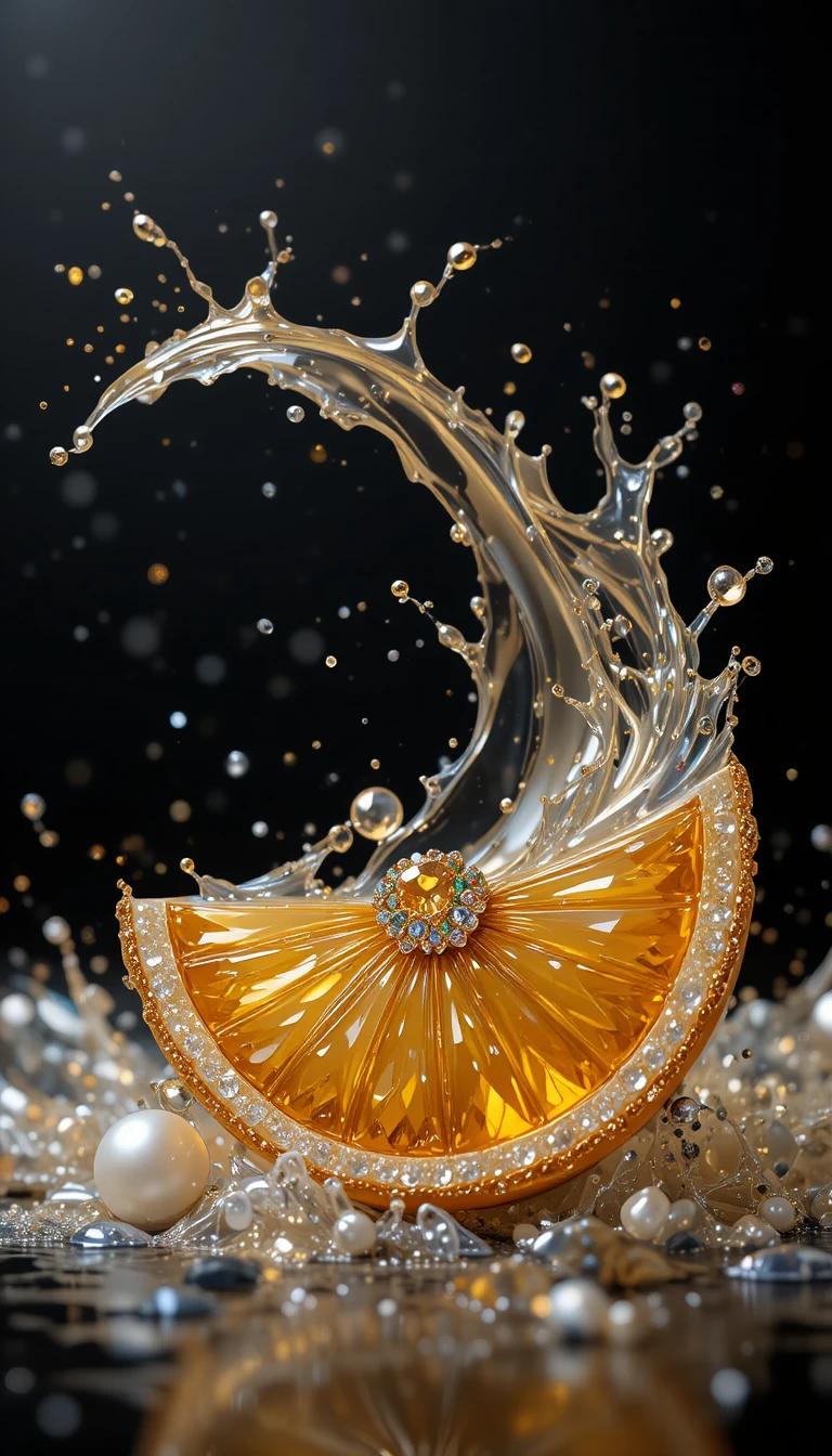 Champagnenspritzer umringt von juwelenbesetzter Orangenscheiben-Brosche