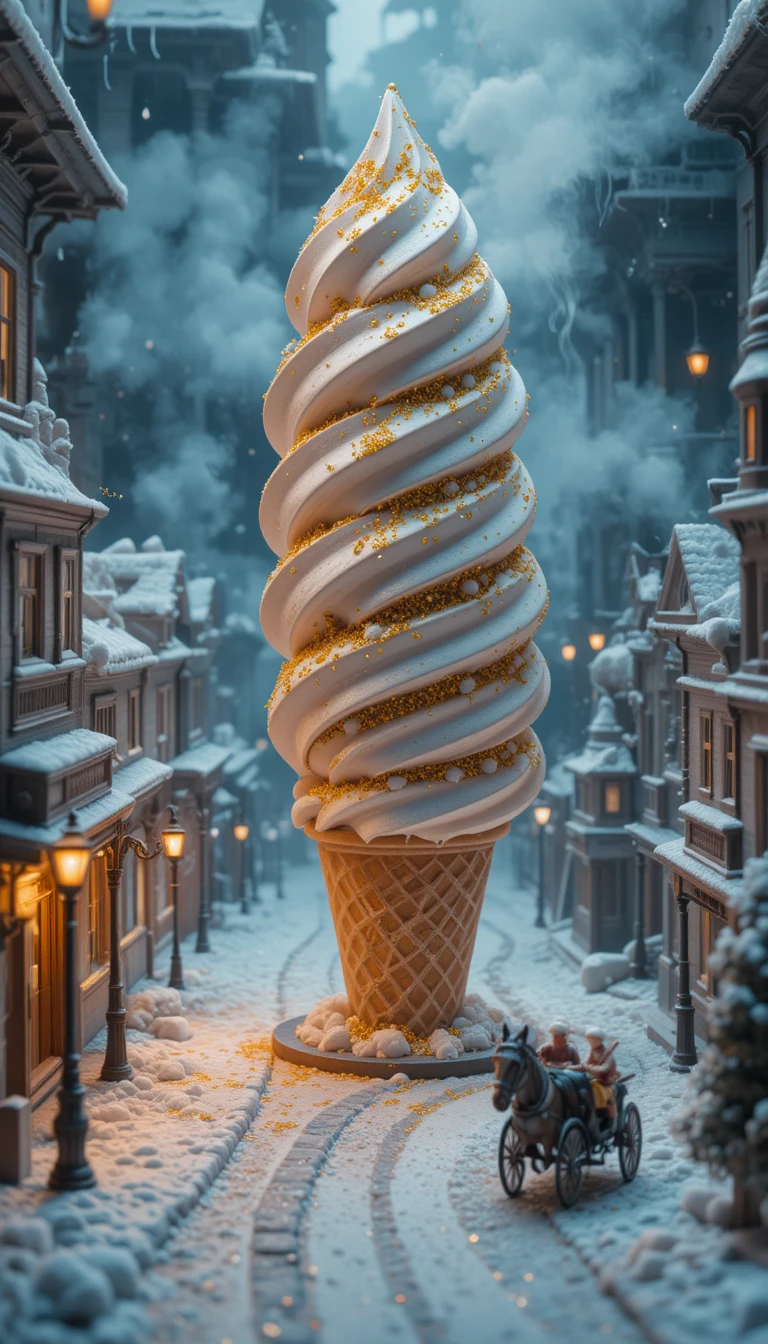 Calle invernal surreal envuelta en un enorme postre de helado suave