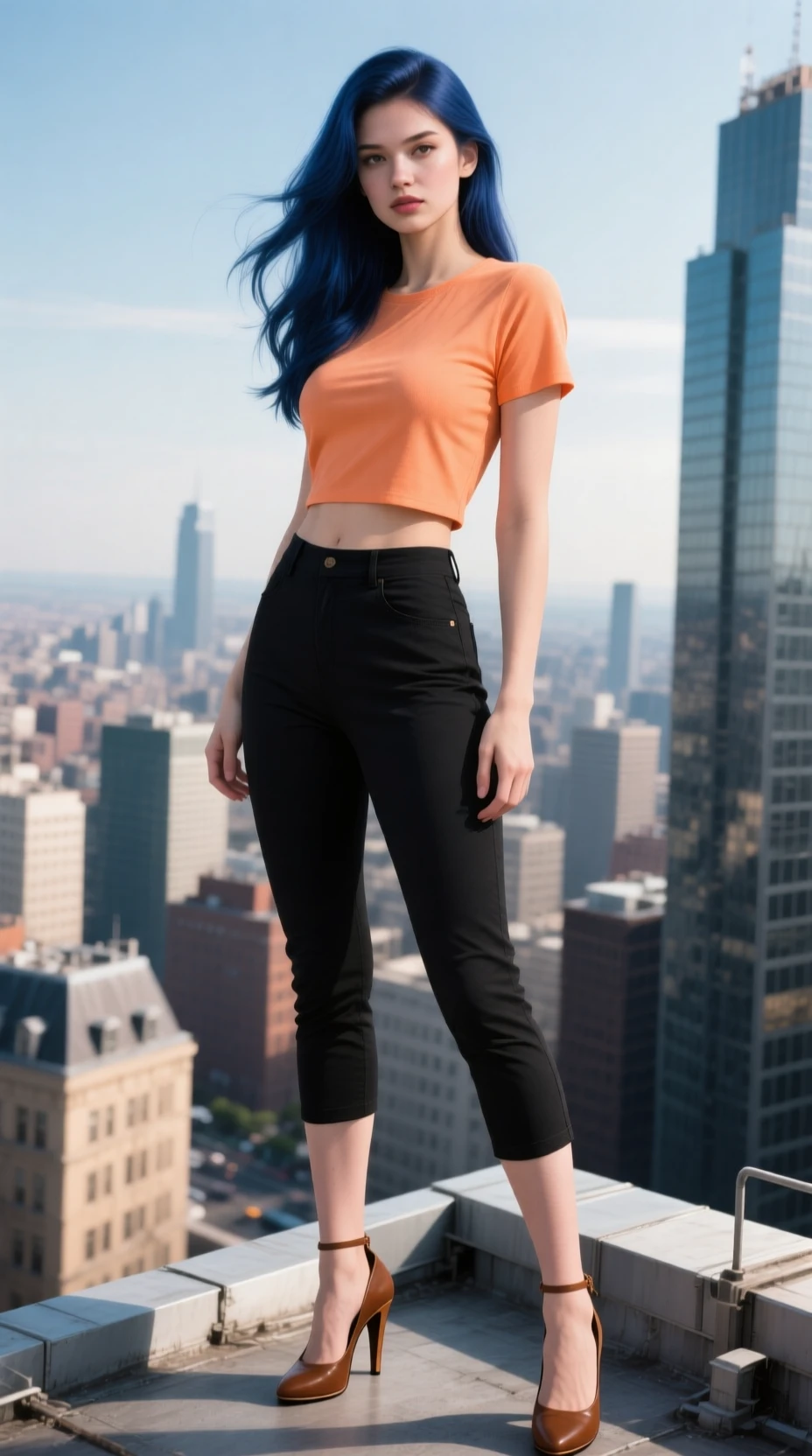 Confident young woman on a city rooftop at dusk