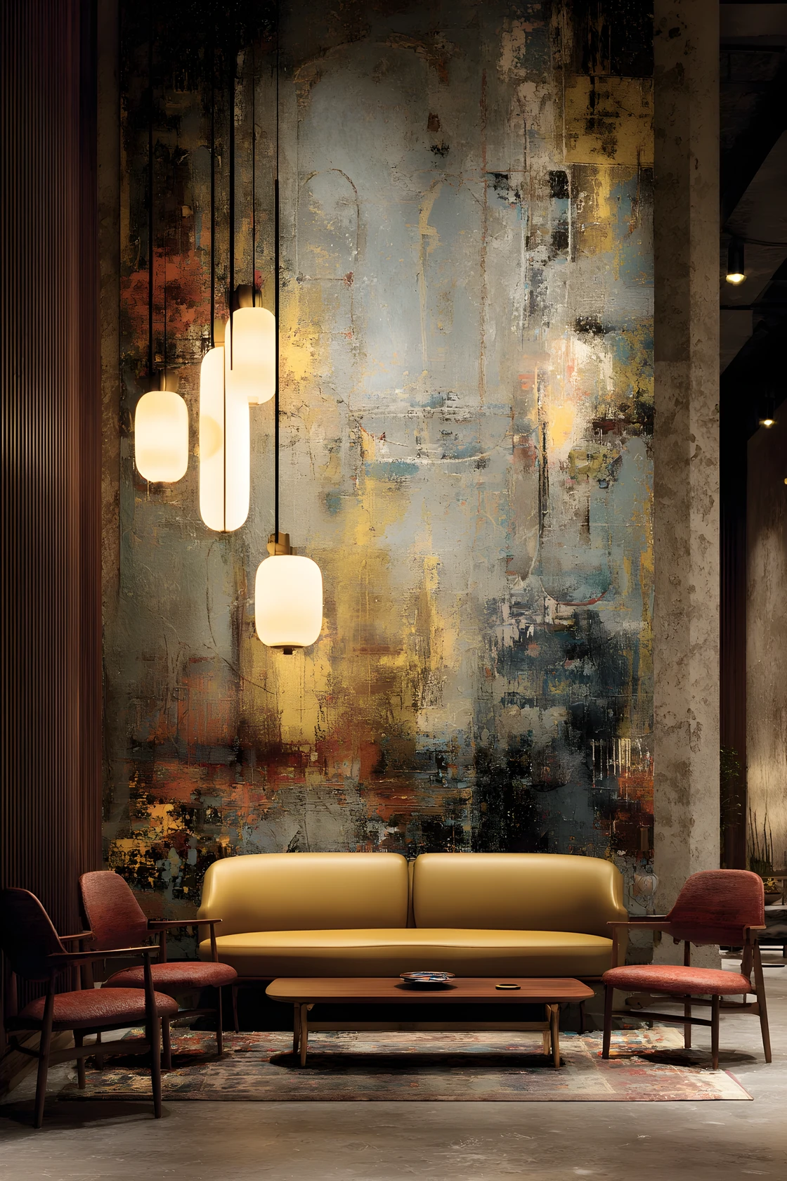 Retro living room within large abstract mural and warm light