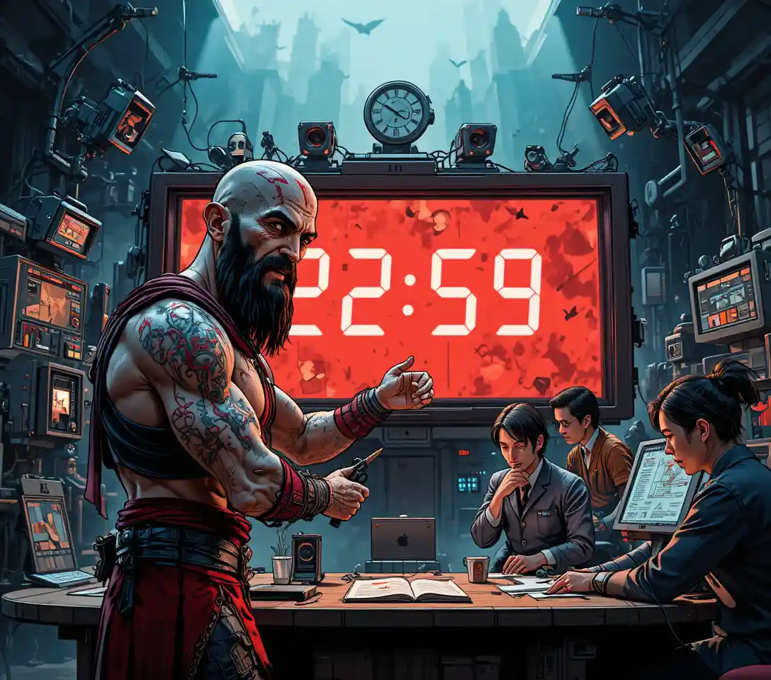 Reloj rojo brillando en la tranquila atmósfera de una sala de control