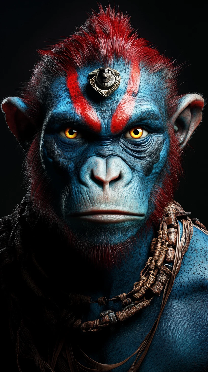 Criatura humanóide azul mística com marcas rituais no rosto