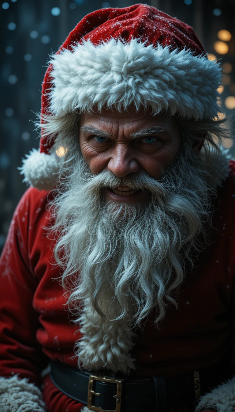 Joyeux vieil homme en costume rouge avec morsure sombre de loup-garou