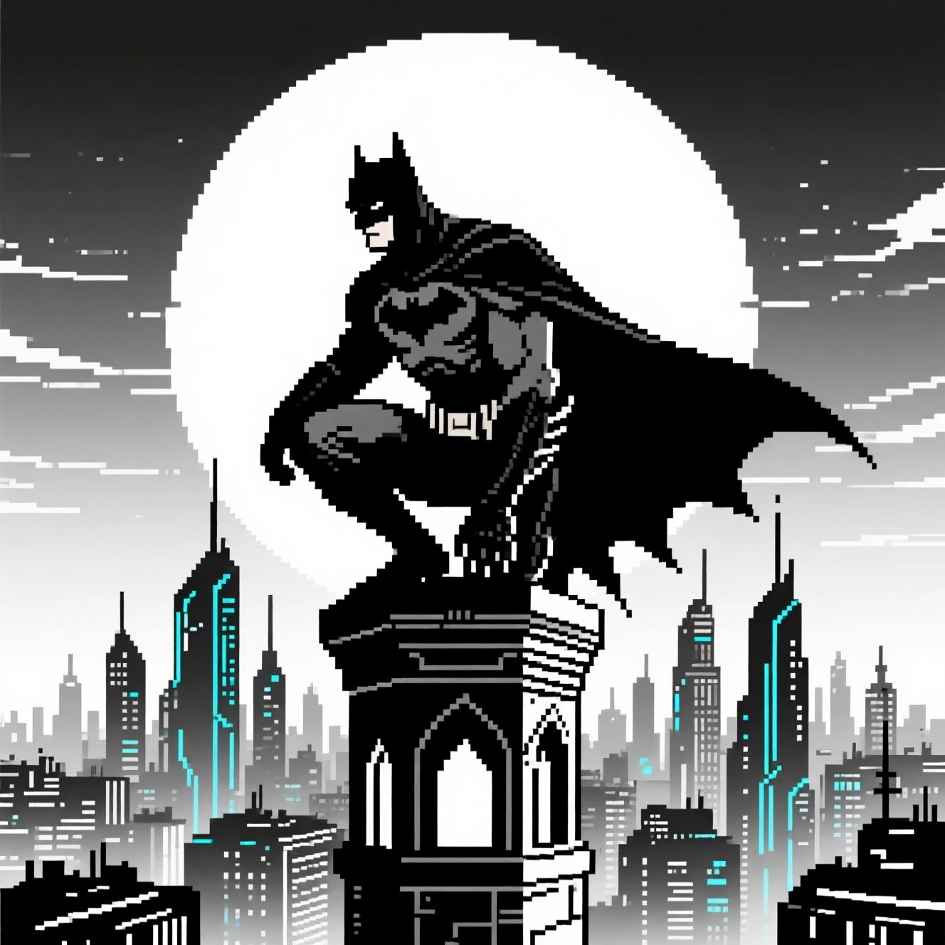 Super-herói em silhueta em pixel art agachado em uma torre alta