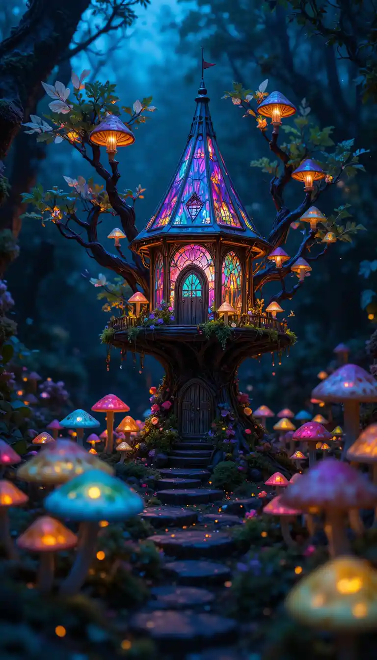 Casa sull'Albero di Fata in Vetro Luminoso in una Foresta Fantasy Oscura