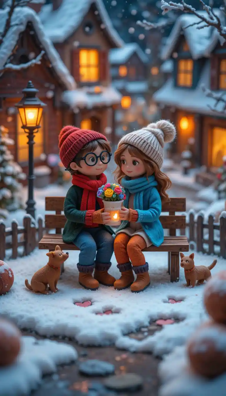 Romantic felt couple on a bench in a snowy miniature town