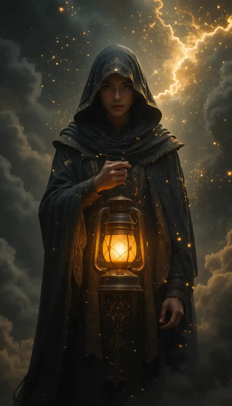 Hooded figure holding a glowing lantern in cosmic darkness
