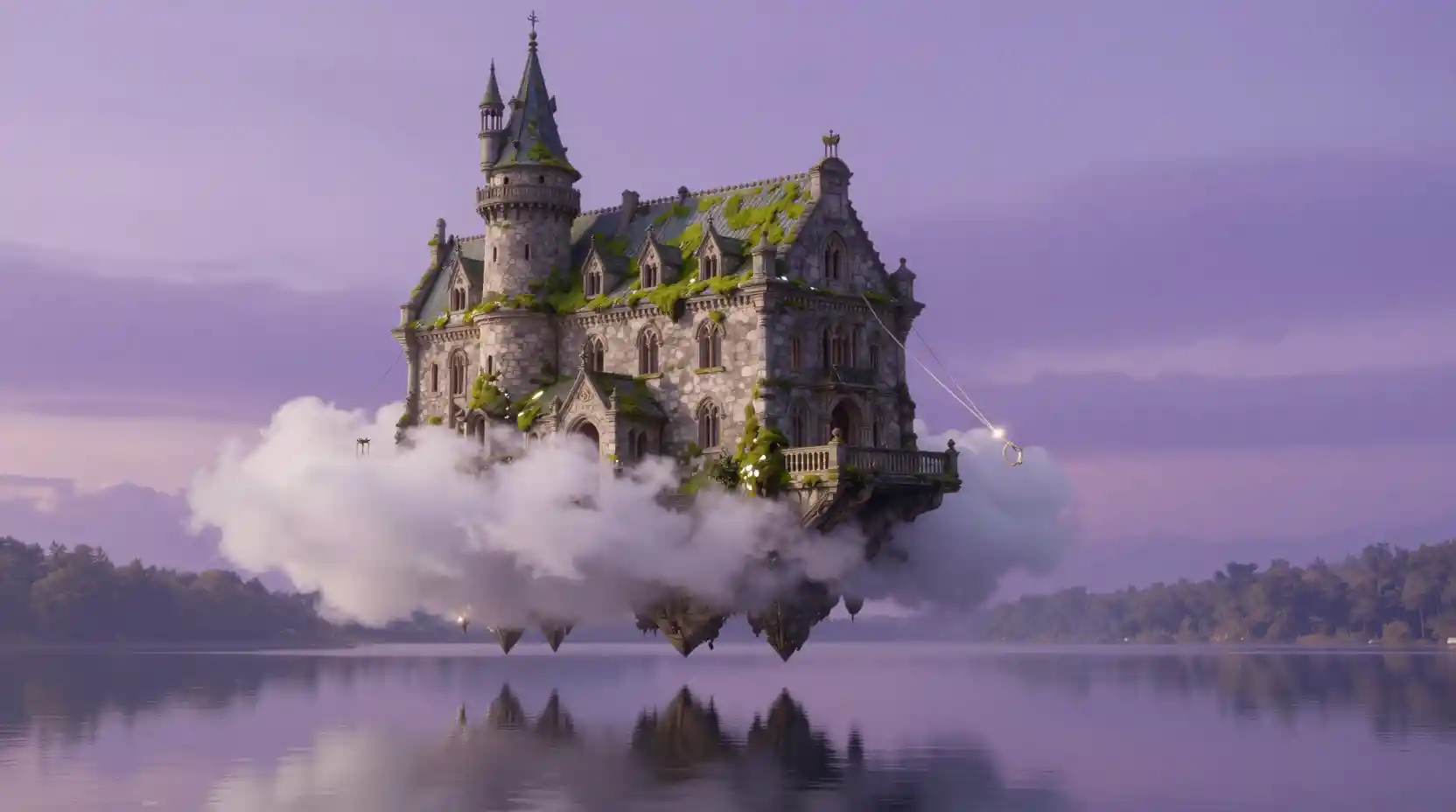 Castillo musgoso flotante sobre un cielo lavanda reflejado en un lago