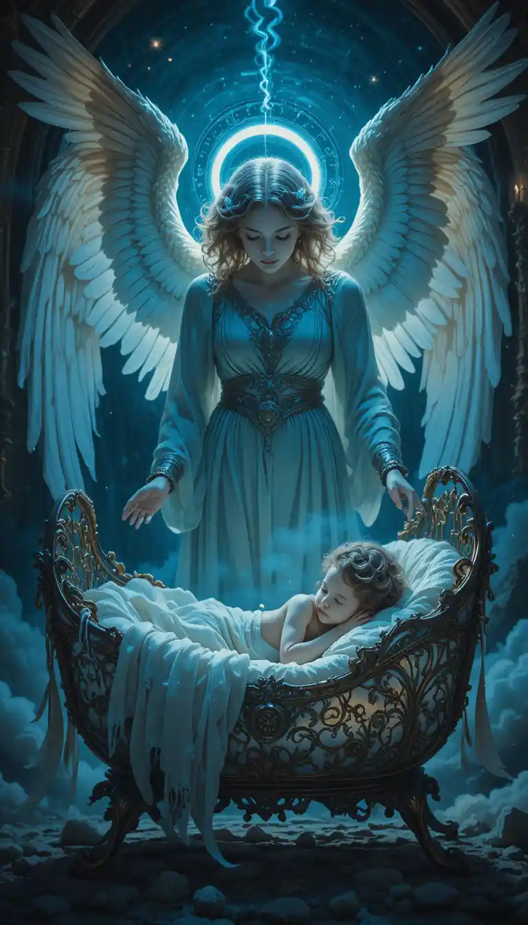 Guardian angel watching over a sleeping baby in light