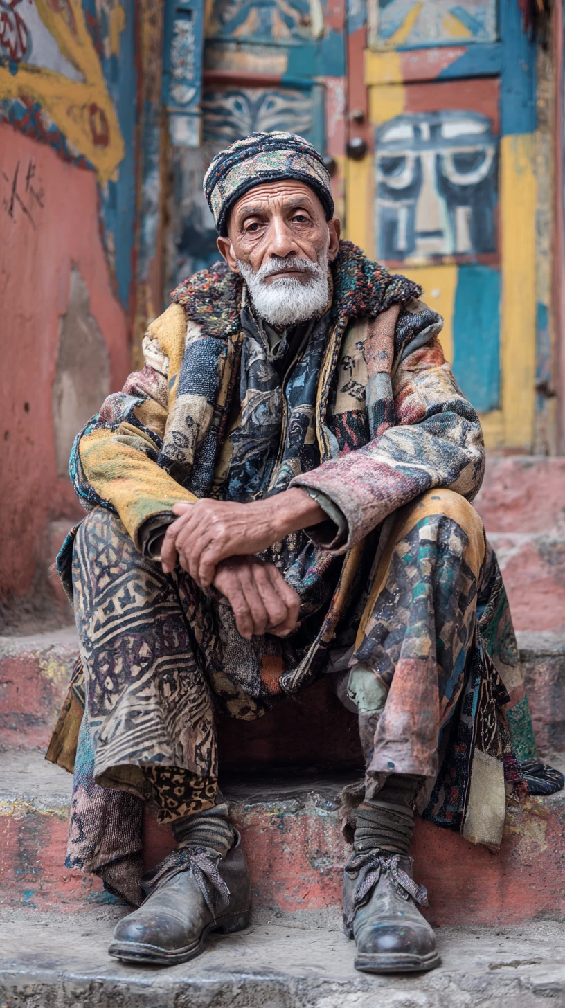 Retrato de rua de um idoso argelino simpático na Casbá