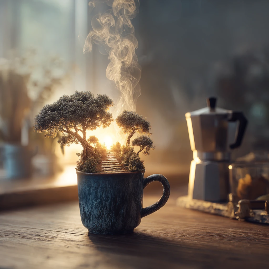 Paysage forestier surréaliste dans une tasse de café sur un comptoir de cuisine chaleureux