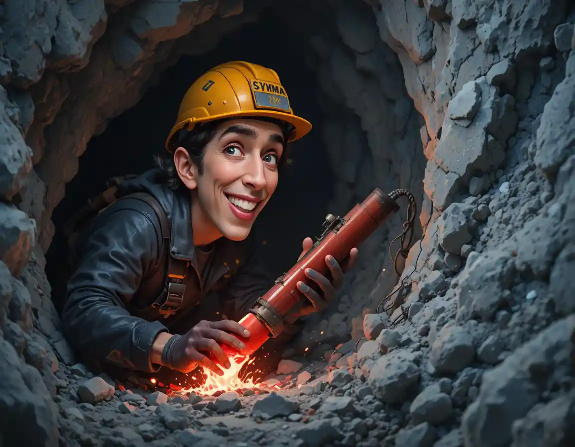 Miner placing red dynamite charge in a rocky tunnel