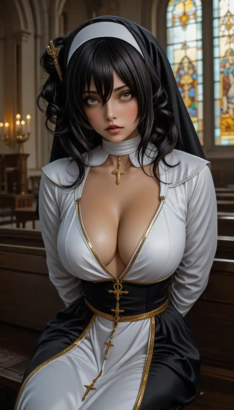Busty nun in satin habit seated inside church