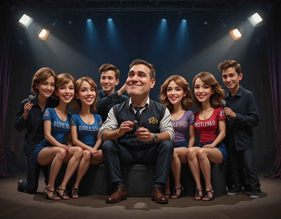 Group of people on dark tv studio stage under spotlights