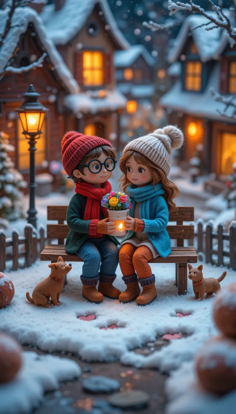 Romantic felt couple on a bench in a snowy miniature town