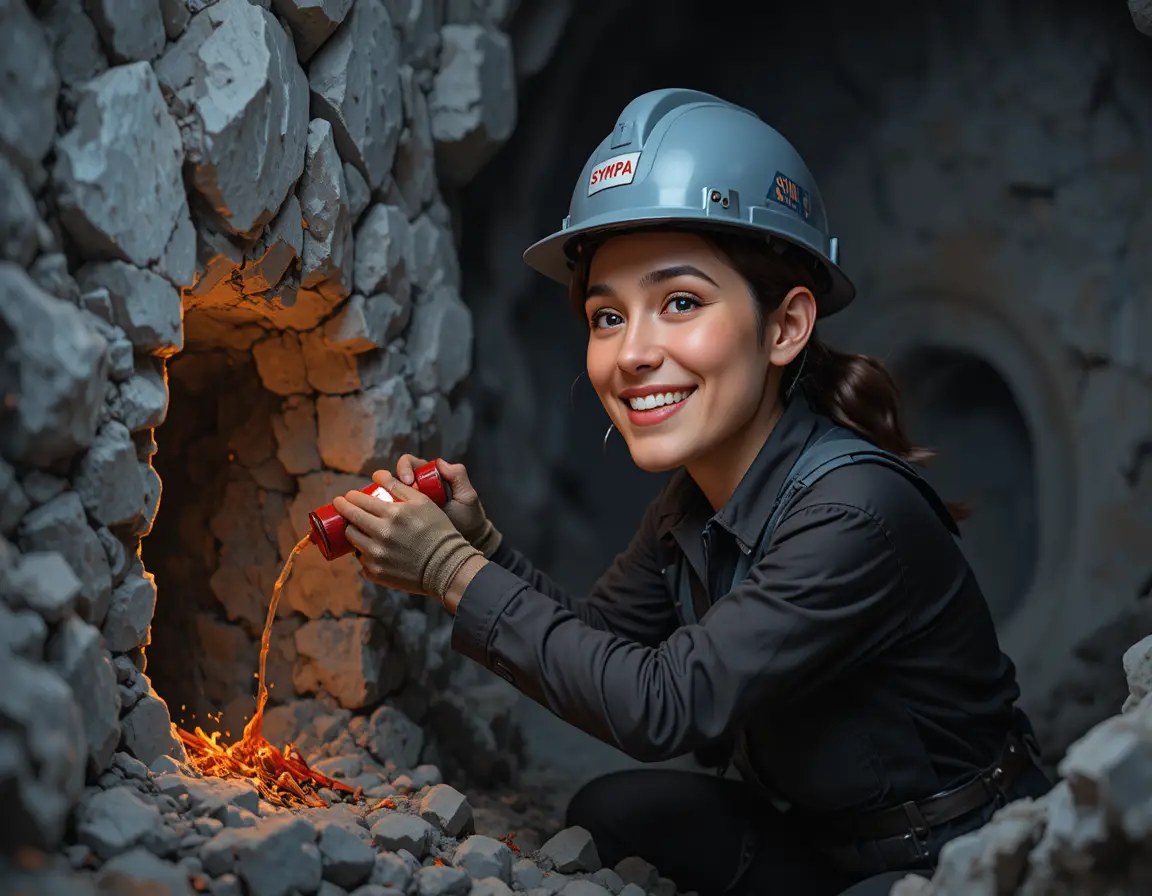 Bergmann platziert rote Dynamitladungen in einem dunklen Felstunnel