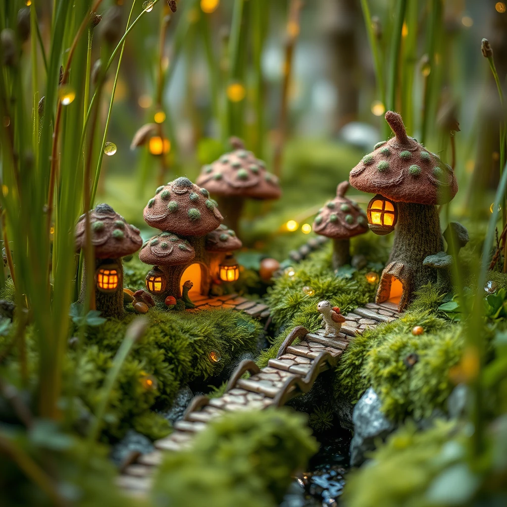 Miniatur-Pilzdorf auf einem wolligen Waldboden