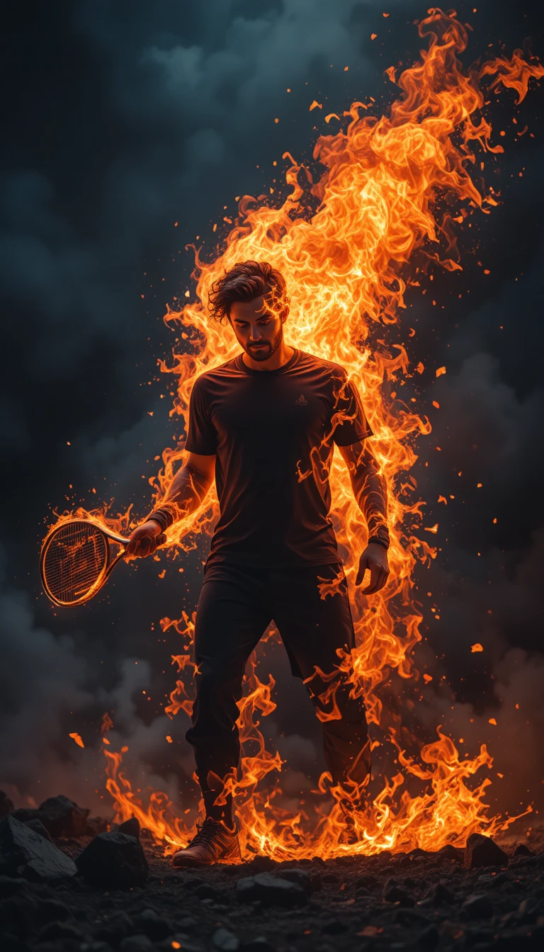 Joueur de padel furieux avec aura de feu sur fond noir
