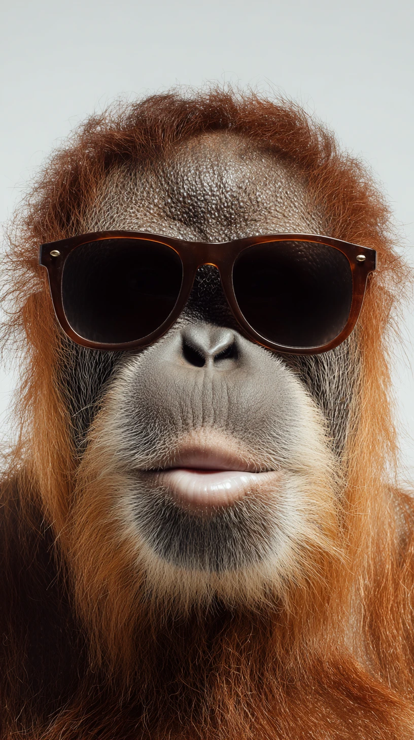 Divertente orangutan con occhiali da sole che mastica gomma su sfondo bianco