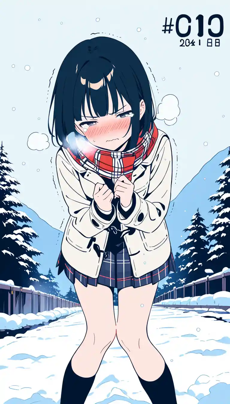 Shy anime schoolgirl in winter coat on snowy street