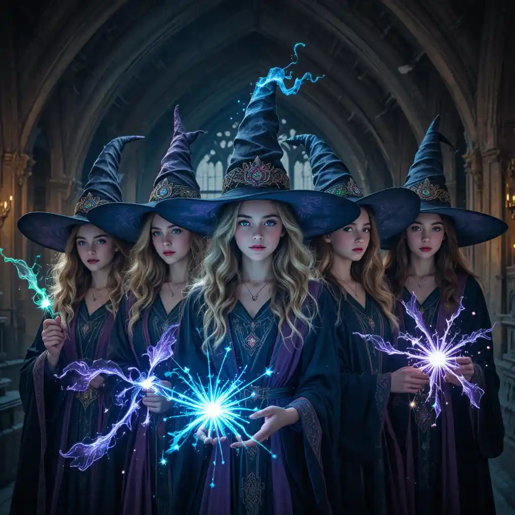 Young witches arriving at a grand magical castle