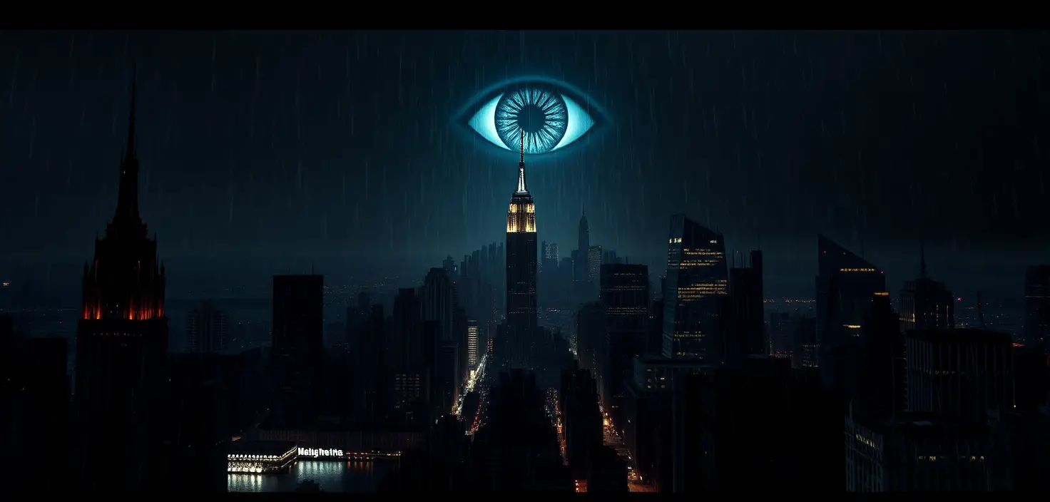 Géant Œil Lumineux au-dessus de la Skyline de New York à Minuit