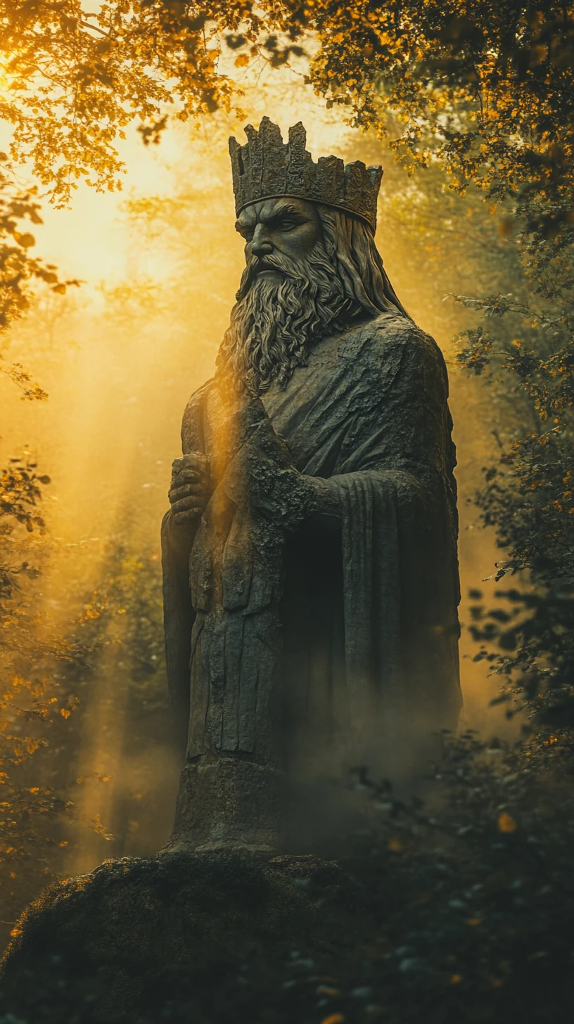 薄霧森林黎明中的古代戰神石像