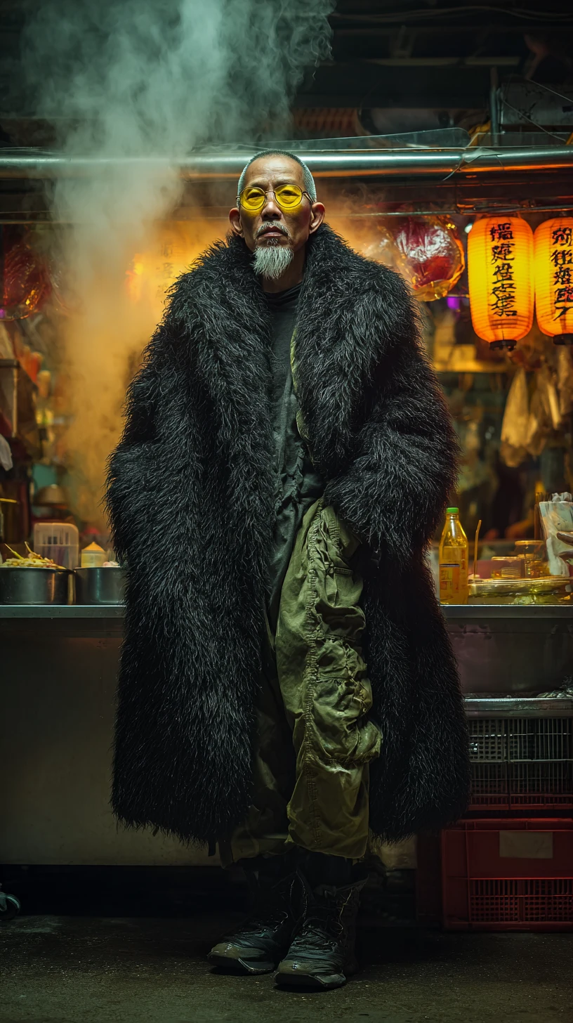 Seigneur de guerre cyberpunk à un stand futuriste de street food