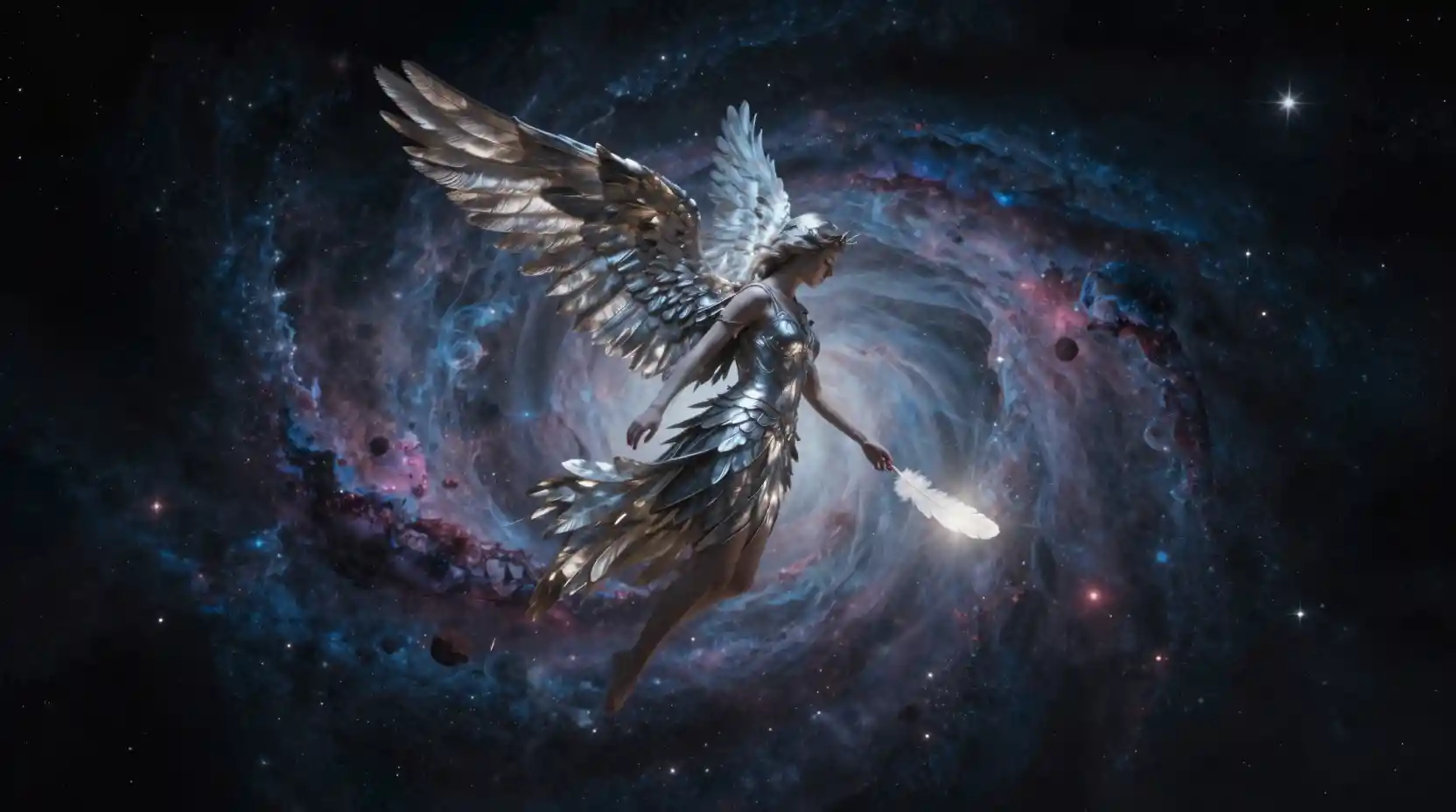 Anjo metálico alado descendo por um vórtice cósmico de estrelas