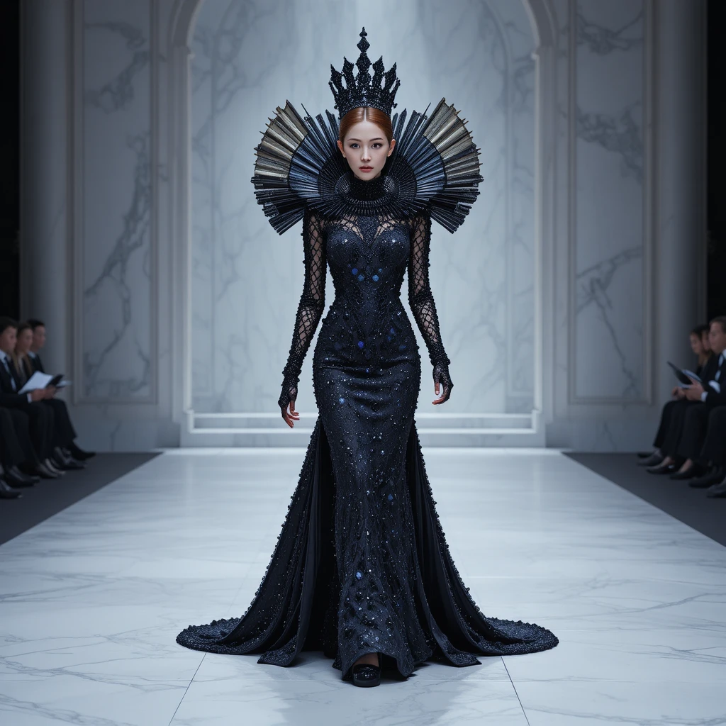 Korean model in gothic beaded fan collar gown on runway