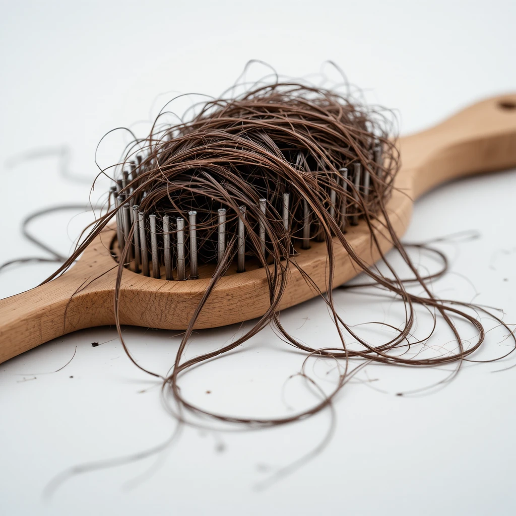 Close up wooden hairbrush filled with tangled brown hair