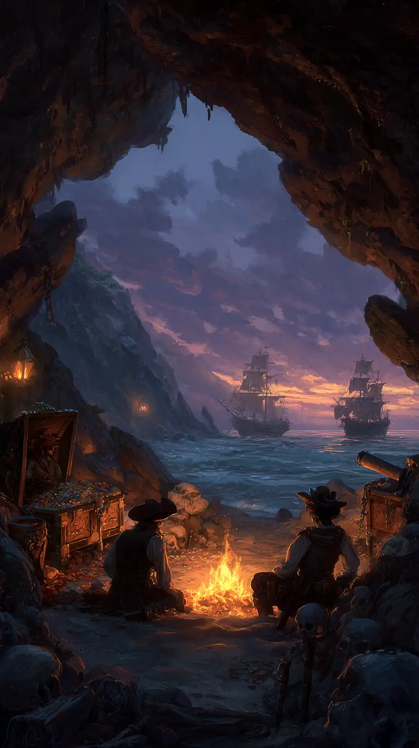 Pirates Gather Around A Campfire In A Sea Cave