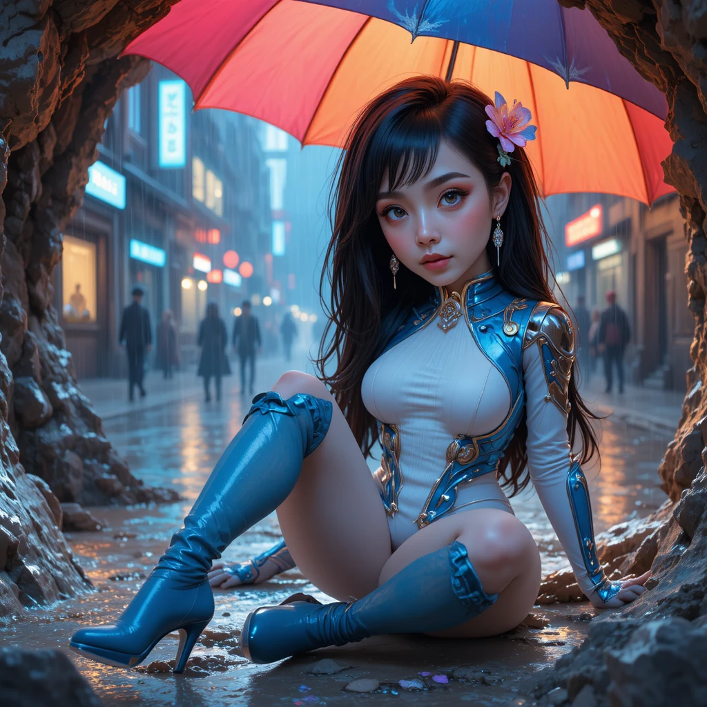 Ragazza anime in costume futuristico che si rilassa in una grotta rocciosa