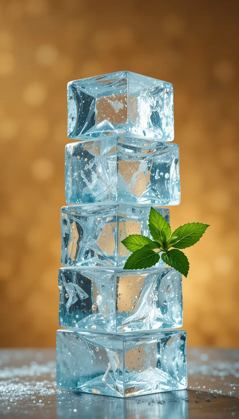 Stacked Ice Cubes With Mint Leaves On Amber Background