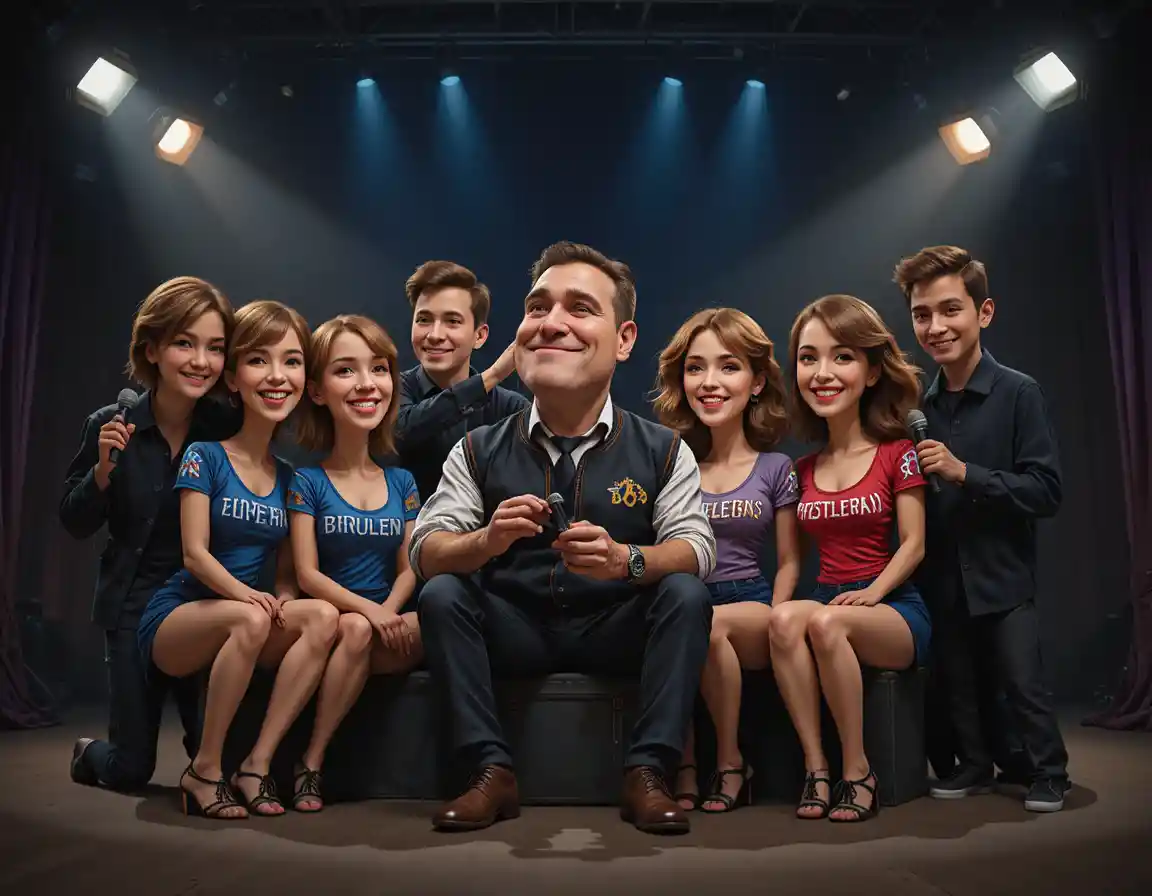 Gruppo di persone su un palco buio di studio TV sotto i riflettori