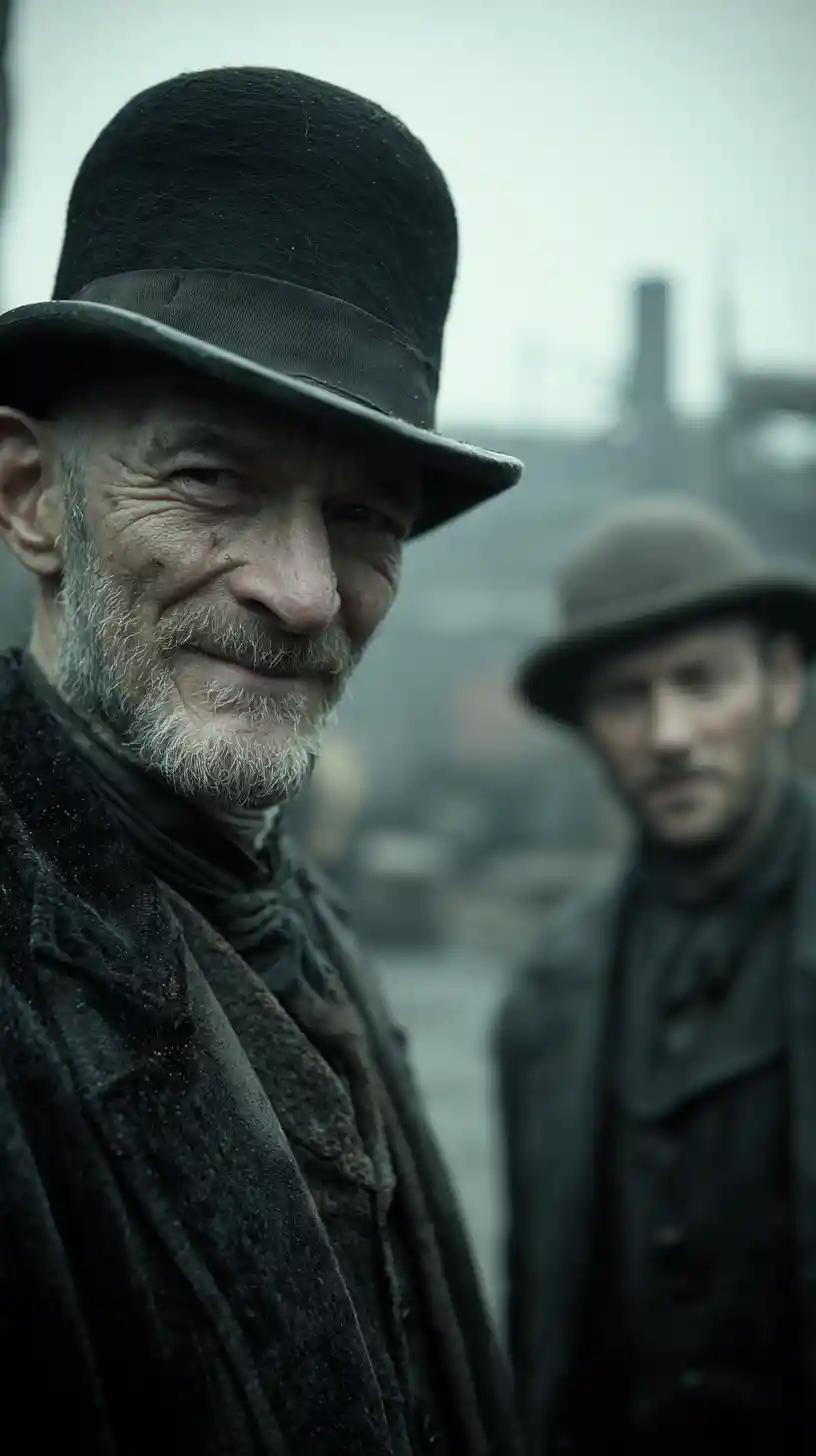 Older gangster in foggy industrial yard with soft focus