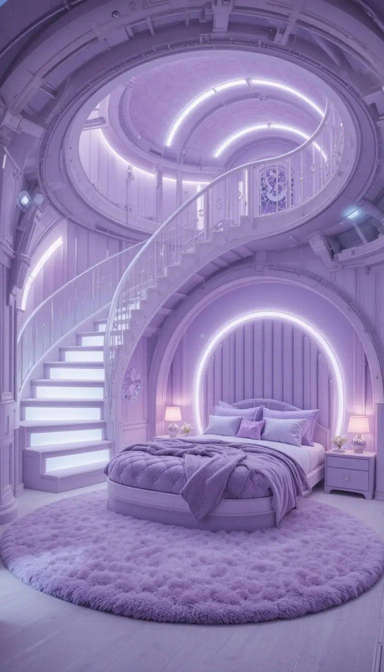Futuristic lavender loft bedroom with glowing led accents