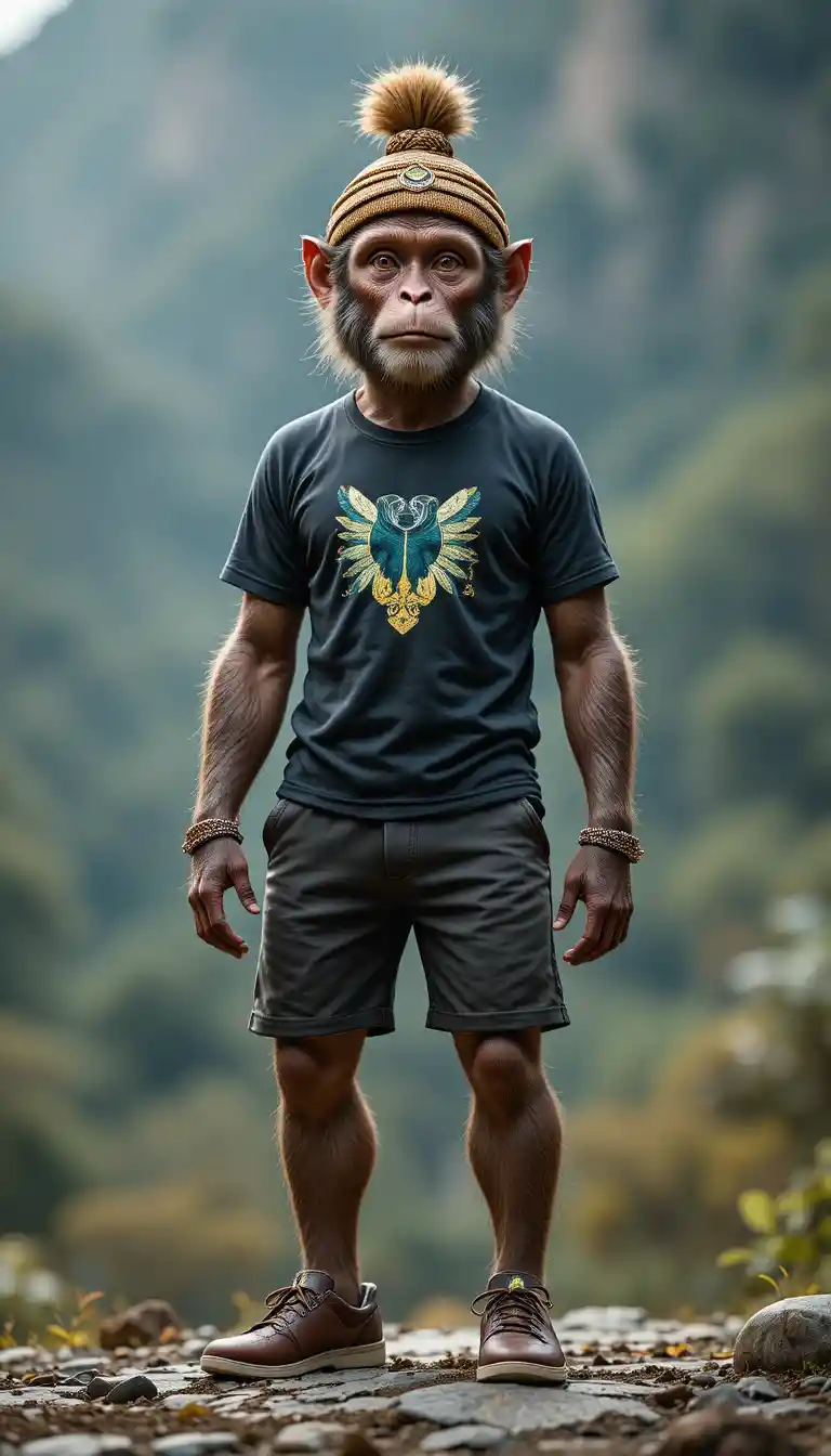 Fotorealistischer Affe in Kleidung mit nepalesischem Topi-Hut