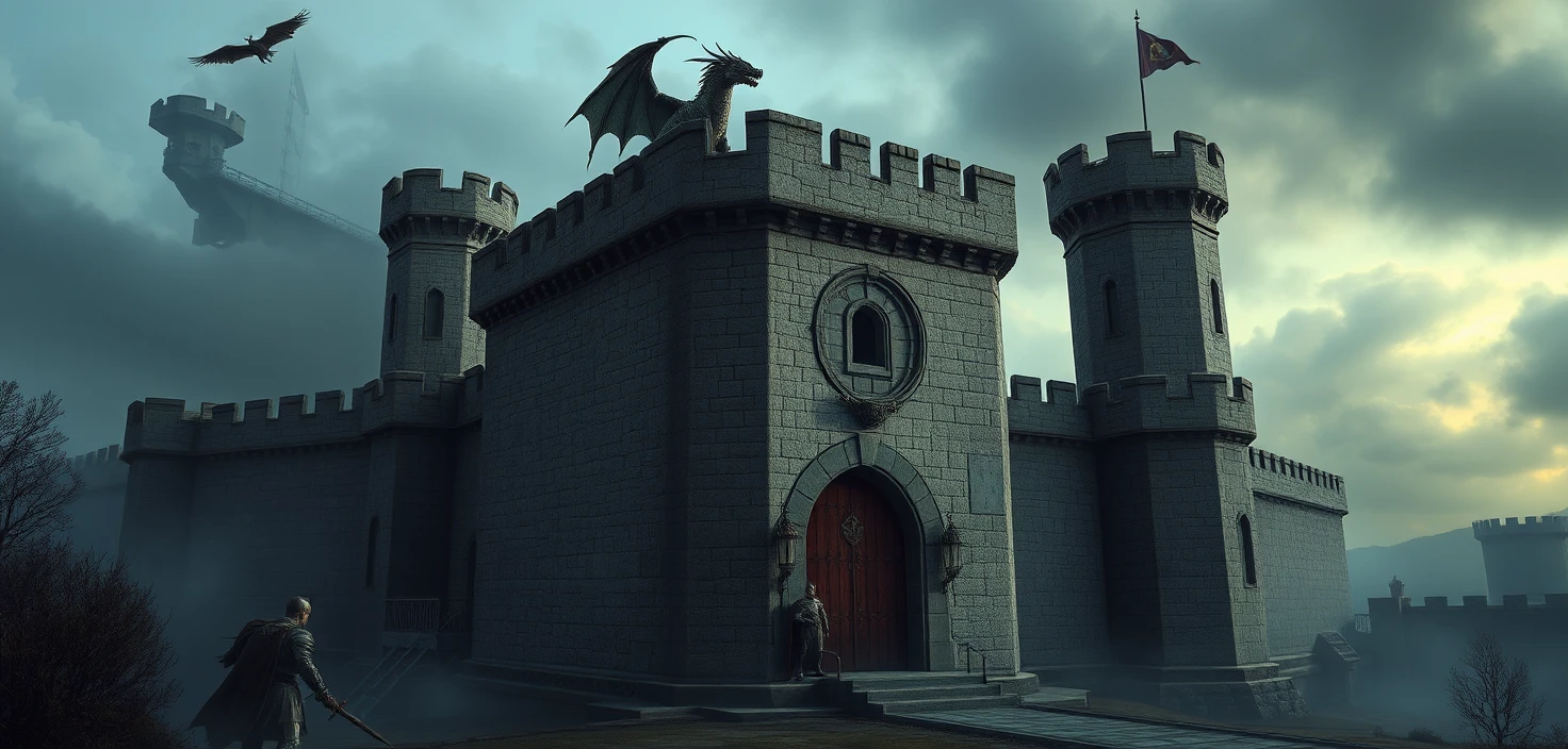 Fortaleza medieval sob um céu sombrio com dragão e cavaleiro