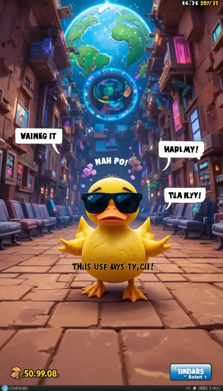 Pato 3D girando de óculos de sol sobre gameplay caótico