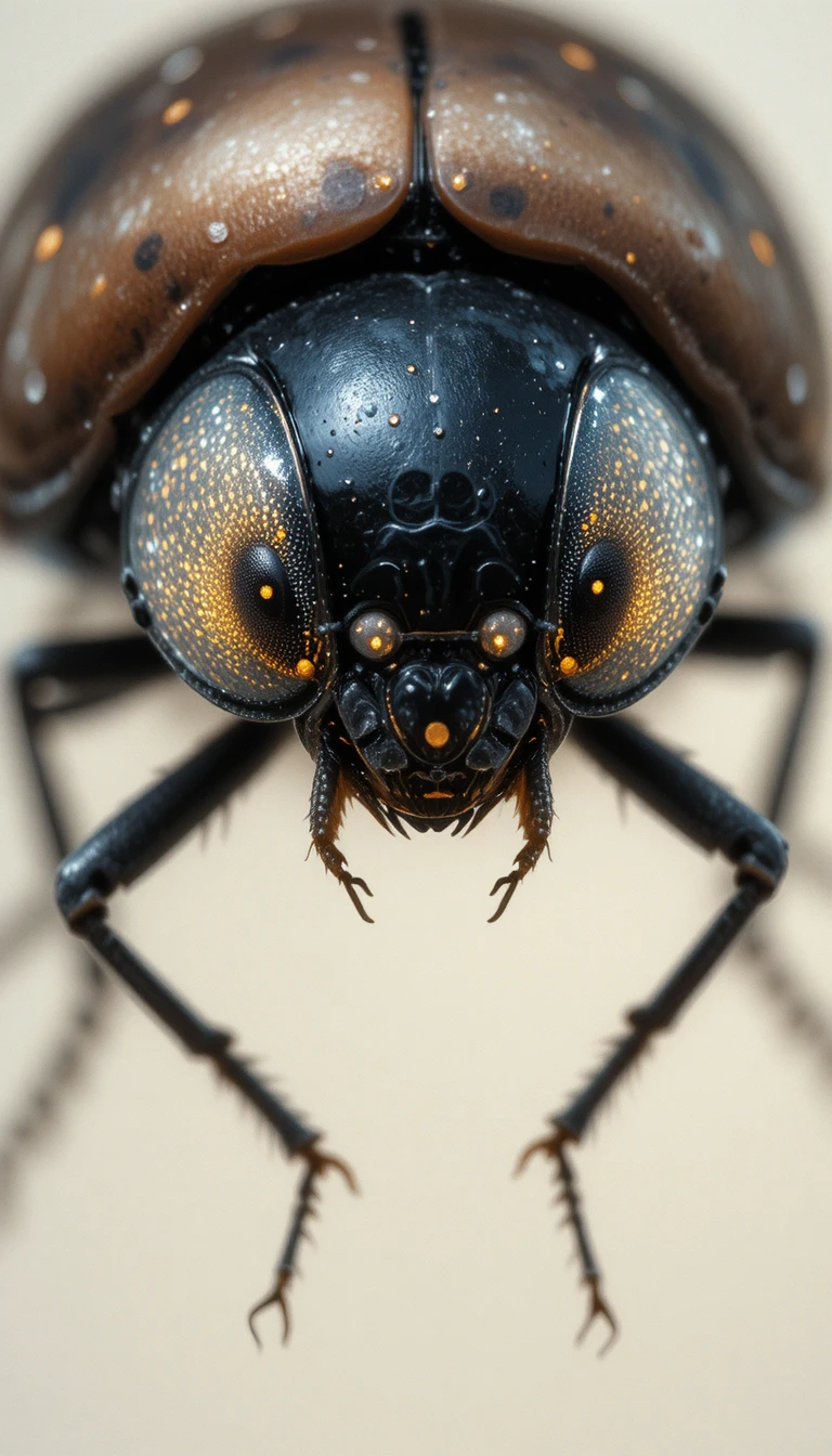 Ritratto etereo di coccinella con radioso sorriso dorato
