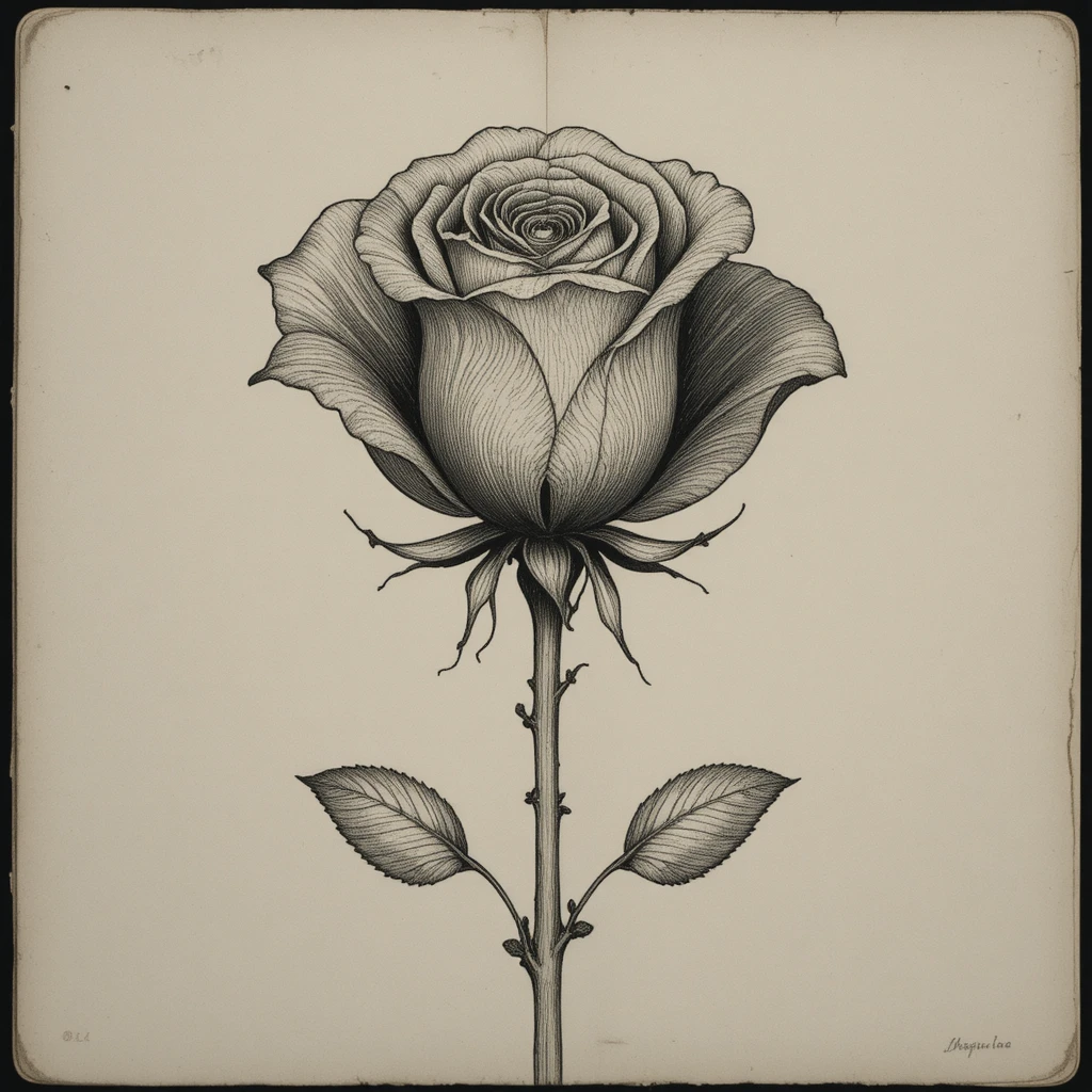 Minimalistische gravierte Rose mit vertikaler Spiegelung