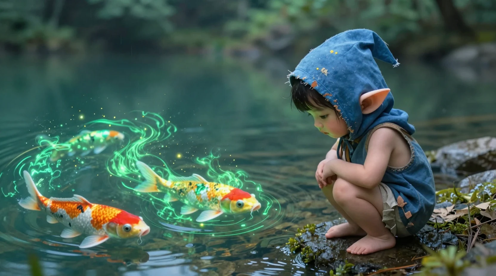 Piccolo elfo accanto a un lago di cristallo in una foresta luminosa