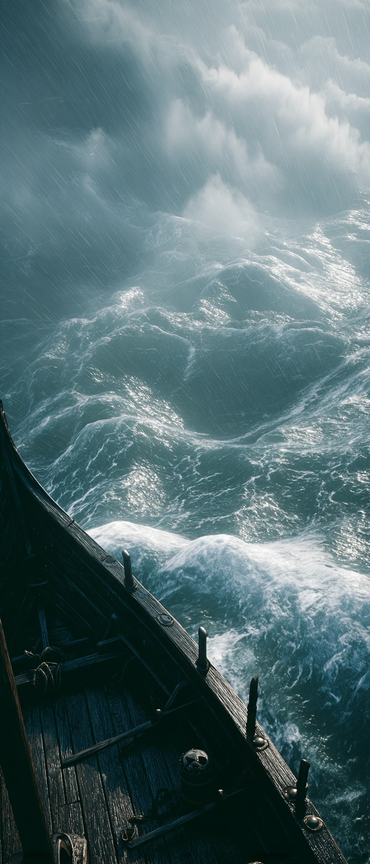 Mar tormentoso visto desde la proa de un viejo barco vikingo