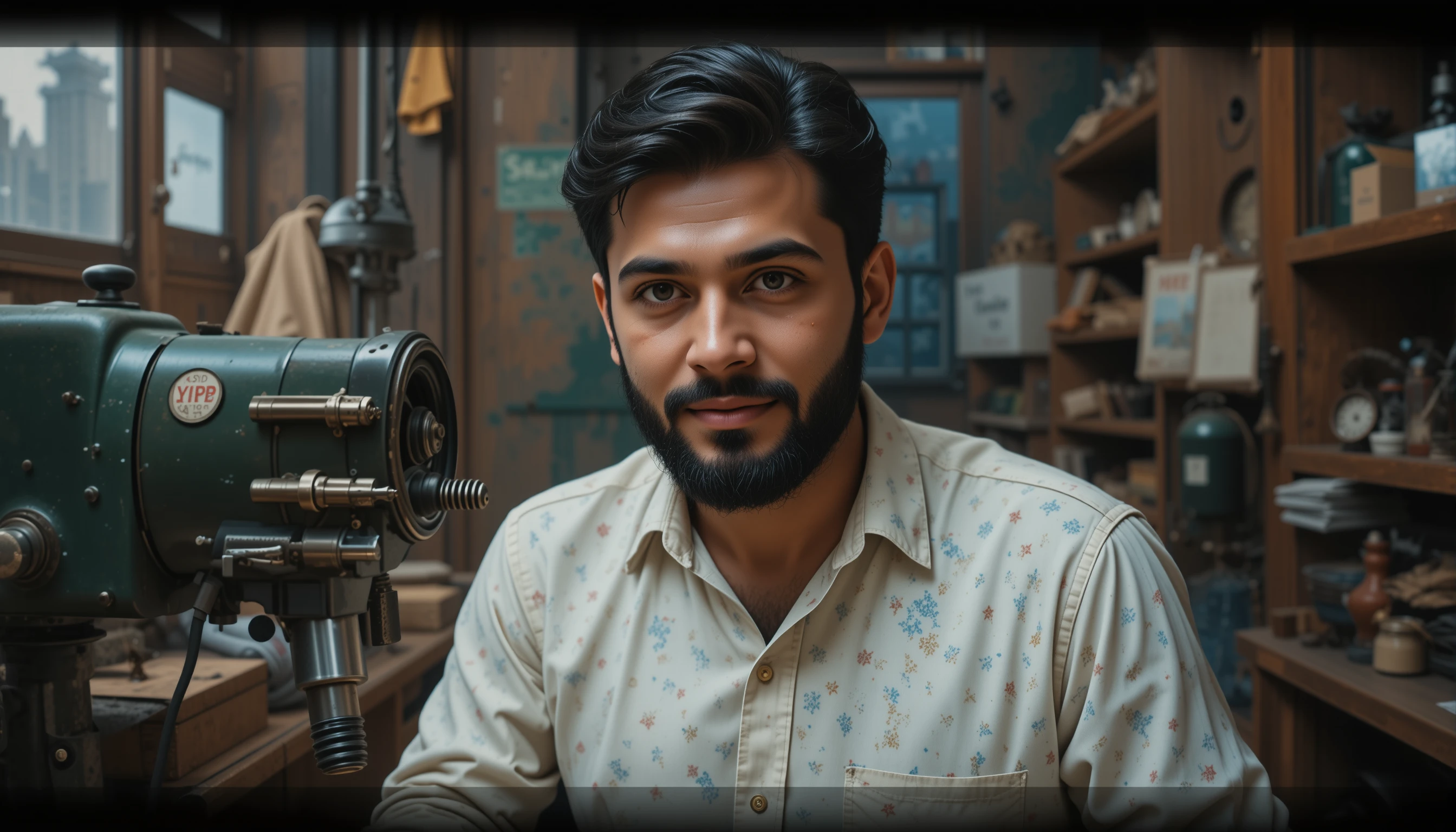 Two Pakistani men talking beside a sewing machine indoors