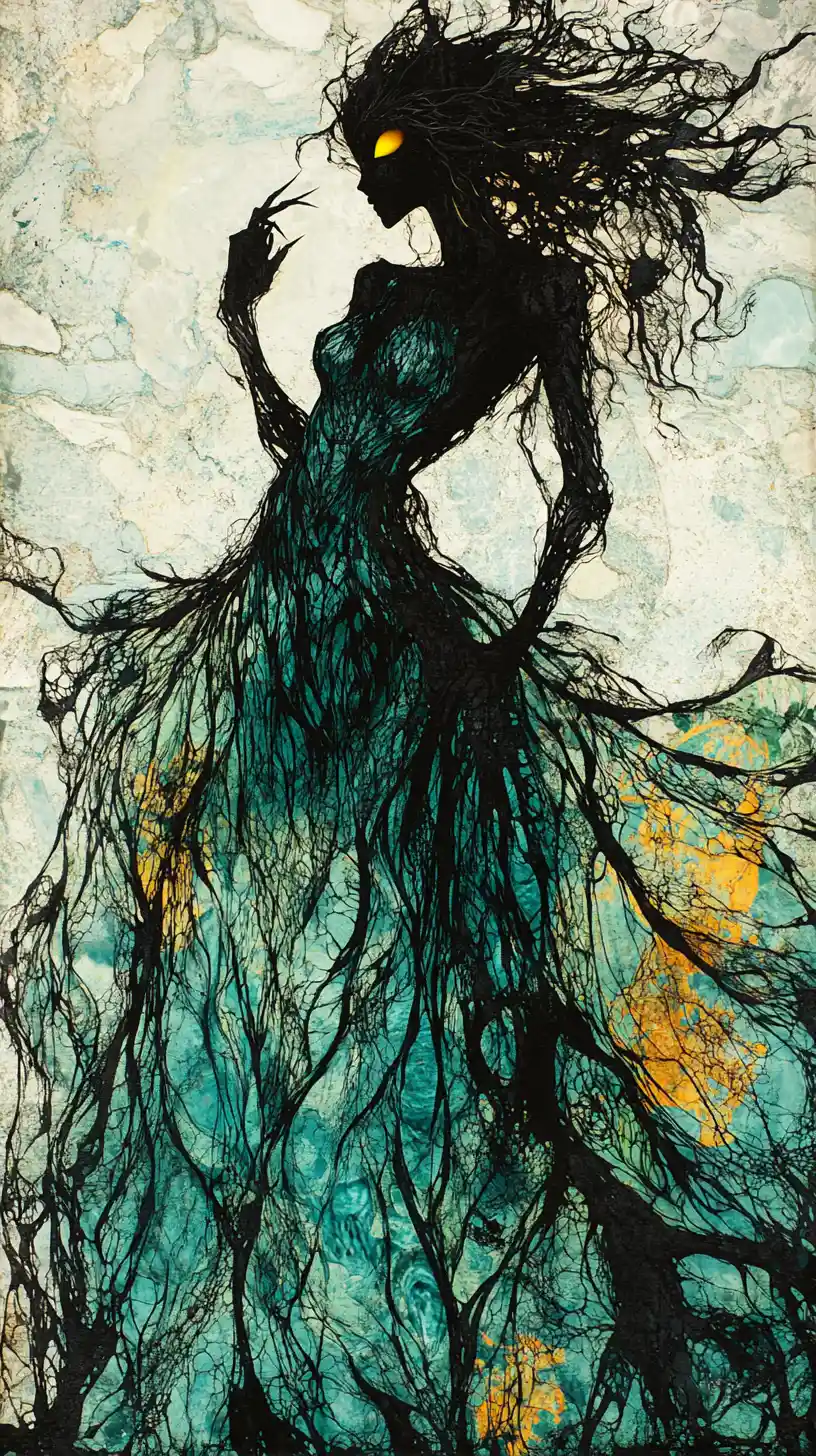 Eerie fairy woman in a tattered dress of harsh colors