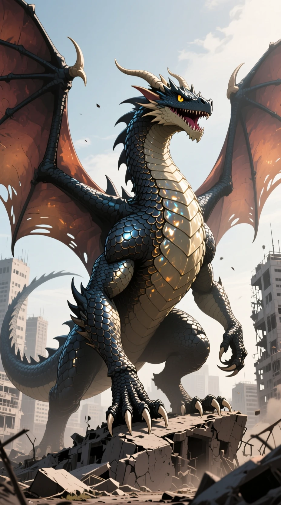 Anthropomorphic dragon kaiju overlooking a ruined cityscape