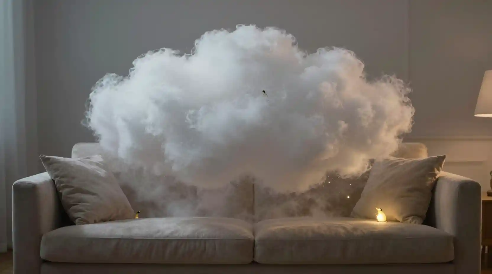 Surreal cloud drifting through a soft glowing living room